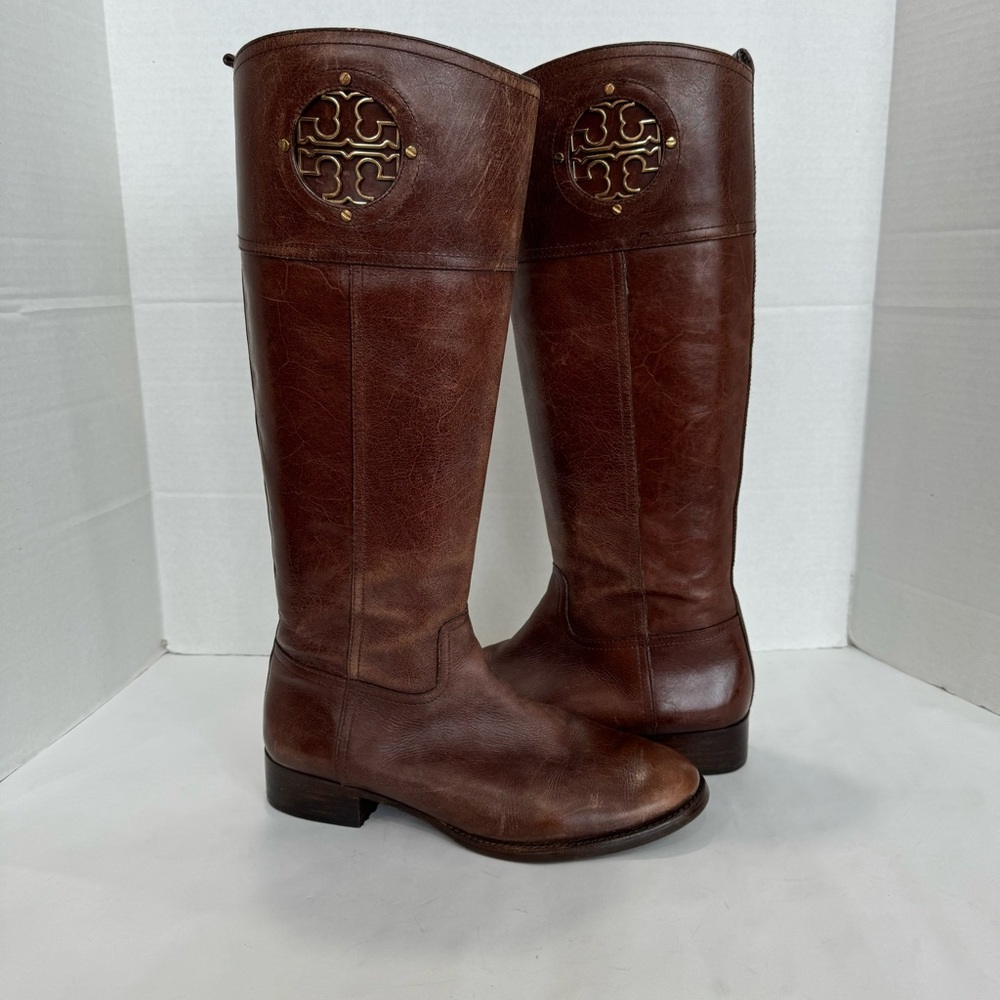 TORY BURCH size 10 knee high brown riding boots semi-rounded toe leather zipper